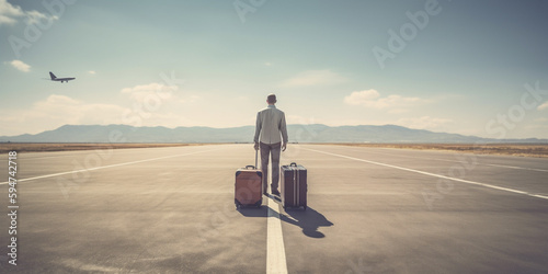 Missing the plane concept, late loneliness man with suitcase on empty airport runway. Generative AI