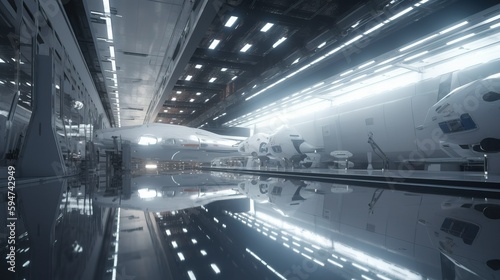 White and black glossy interior space facility meintenance gargo, sci-fi image, futuristic space explorartion. Generative Ai