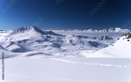winter high mountain landscape, ski resort, French Alps