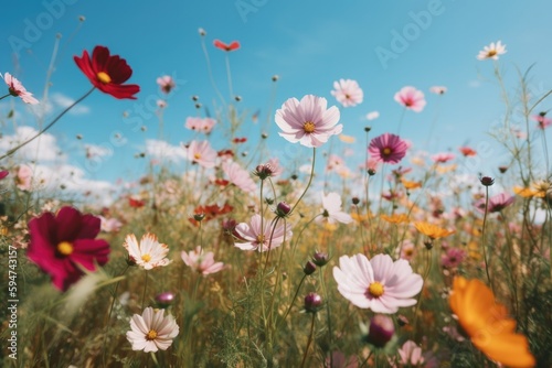 Photo of colorful flowers in a field on sunny day