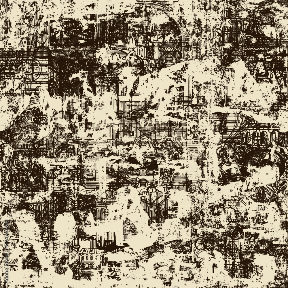 Abstract grunge seamless pattern with chaotic layering of vintage architectural elements and old buildings. Vector background on of ancient architecture and art in creative modern design Abstract grunge seamless pattern with chaotic layering of vintage architectural elements and old buildings. Vector background on of ancient architecture and art in creative modern design