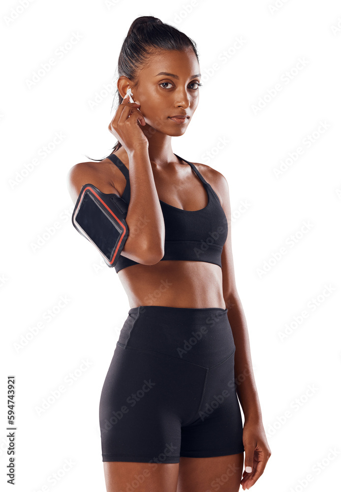 Portrait, fitness and woman streaming music, wellness and confident lady  isolated against transparent background. Face, female person or serious  athlete with body care, smartphone and sounds with png Stock Photo