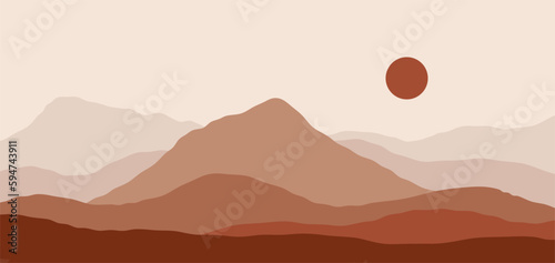 Abstract mountain landscape. Nature panorama background, sunset desert oriental scenery horizon wallpaper. Vector illustration