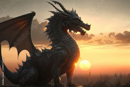 Dragon with sunset fantasy illustration. Generative AI