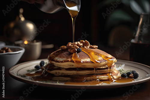 Close-up of delicious pancakes, syrup being poured on top on a dark background. With copy space. Sweet maple syrup, honey dripping from a stack of pancakes. Generated Ai