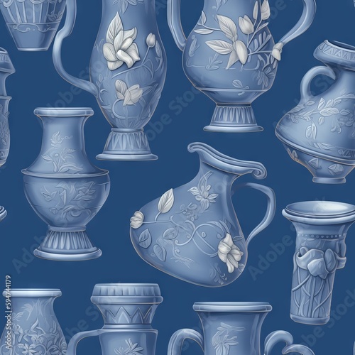 Seamless pattern with art nouveau pots and vases. Made with Generative AI.