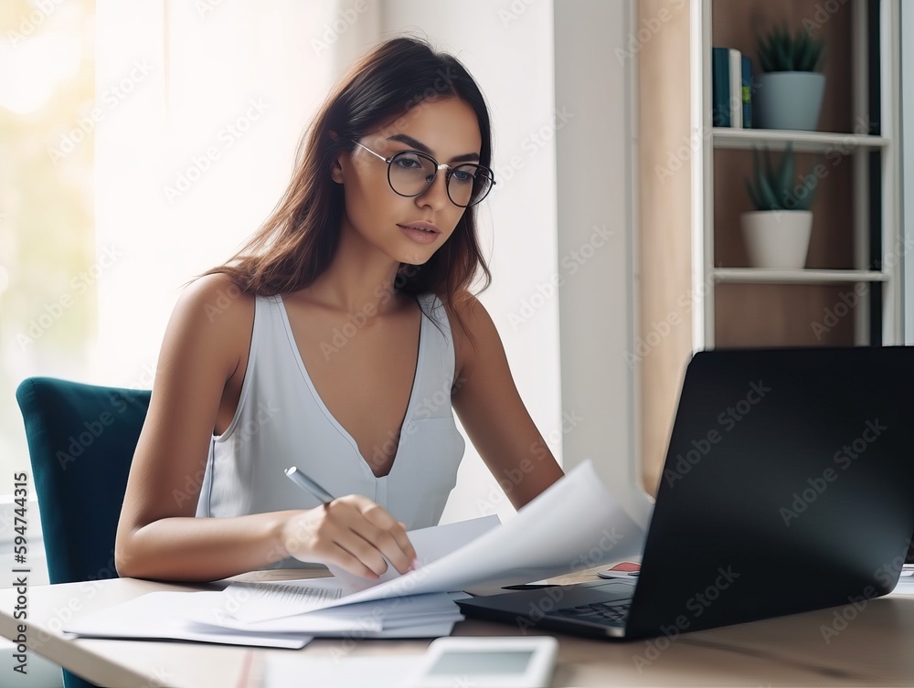 Junge sympathische Frau arbeitet von zuhause aus im home Office. Online-Zahlungen und Finanzberechnungen auf dem Laptop, generative AI. Junge sympathische Frau arbeitet von zuhause aus im home Office. Online-Zahlungen und Finanzberechnungen auf dem Laptop, generative AI.