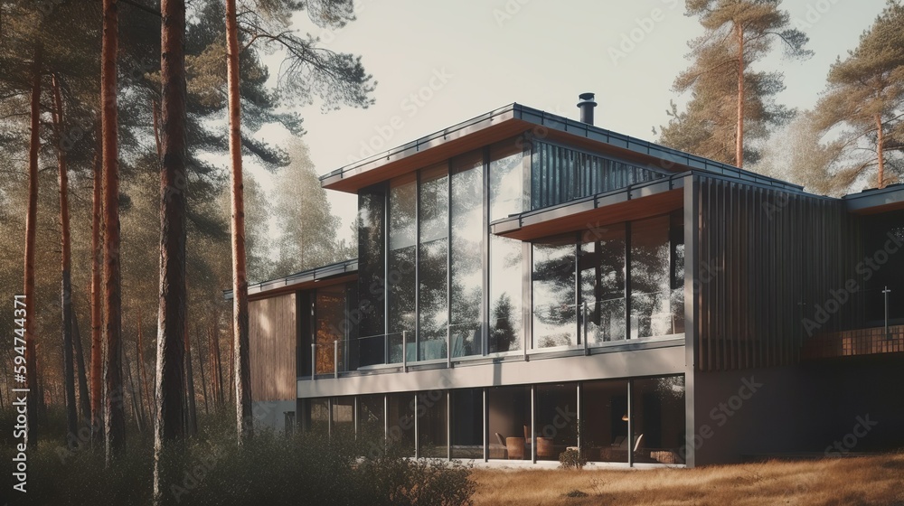 Modern and nordic style luxury house exterior panoramic windows, AI generated with panoramic windows Modern and nordic style luxury house exterior panoramic windows, AI generated with panoramic windows