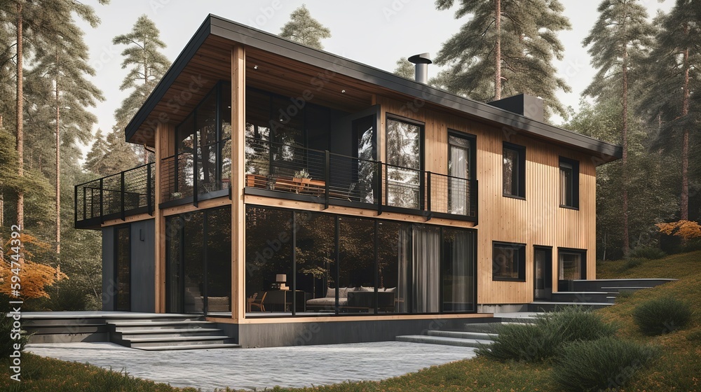 Fototapeta premium Scandinavian and modern vibe house exterior with panoramic windows, AI generated 
