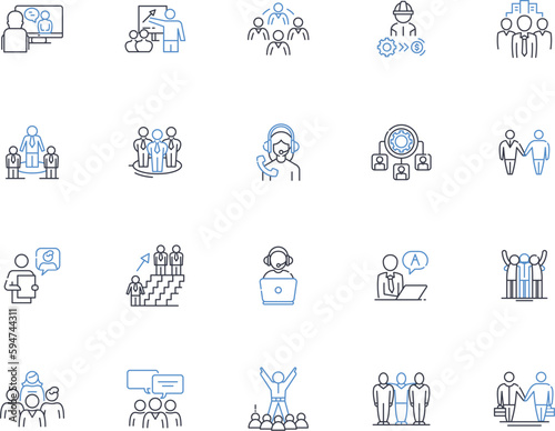 Office Staff line icons collection. Administration, Clerical, Communication, Cooperation, Customer Service, Deadline-oriented, Detail-oriented vector and linear illustration. Efficiency,Email,Filing