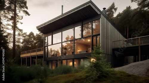 Scandinavian contemporary house exterior with panoramic glass windows to the forest  AI generated 