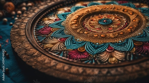 colorful designs of a mandala, which is often used in Ayurveda as a tool for meditation and balance.