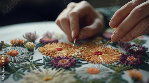 Close-up of a woman's hands embroidering a flower/Generative AI