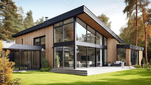 Scandinavian and modern vibe house exterior with panoramic windows, AI generated 