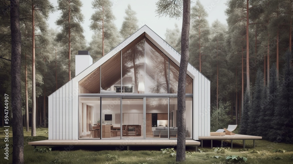 Modern and nordic style luxury house exterior panoramic windows, AI generated with panoramic windows Modern and nordic style luxury house exterior panoramic windows, AI generated with panoramic windows
