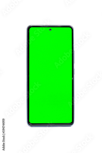 Celular con pantalla verde, en fondo blanco full, vertical, sin funda