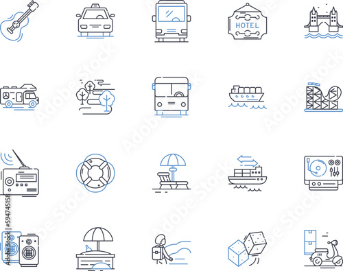 Road trip line icons collection. Adventure, Scenic, Highway, Wanderlust, Route, Destination, Freedom vector and linear illustration. Journey,Travel,Exploration outline signs set