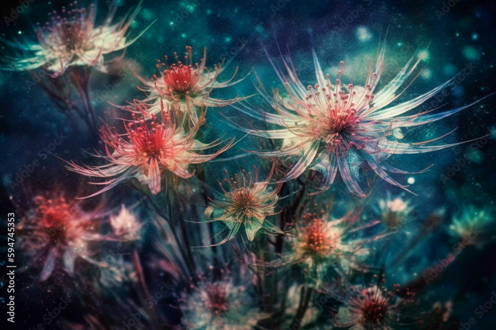 Fototapeta premium Abstract stargazing ethereal flowers background, Generative AI