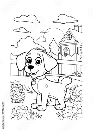 Dog Character Vector, Coloring Book Page with Dog, Coloring page outline of a cute dog, coloring page with Animal character 