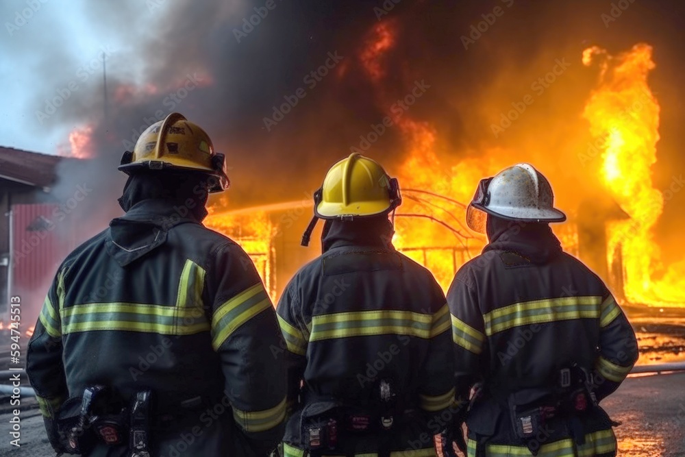 Firemen watching a fire burning Generative AI Firemen watching a fire burning Generative AI