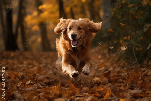 A dog runs through the leaves in autumn Generative AI