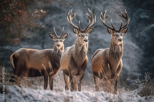 Three deer in a snowy field Generative AI
