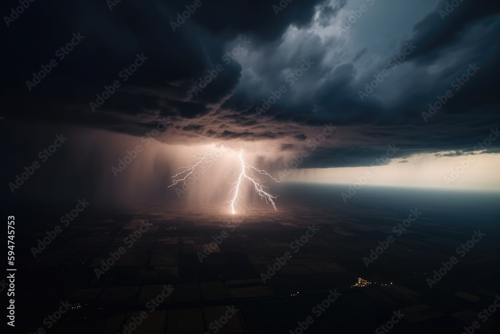 dramatic aerial shot of a thunderstorm with lightning illuminating the sky