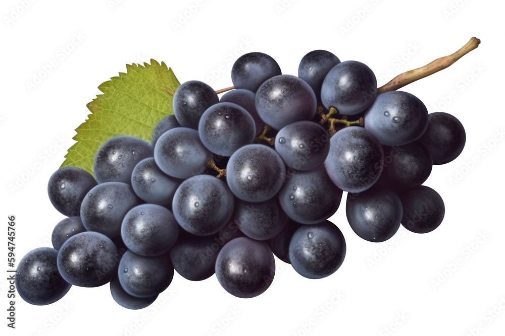 Blue wet grapes bunch isolated on white background. Generative AI