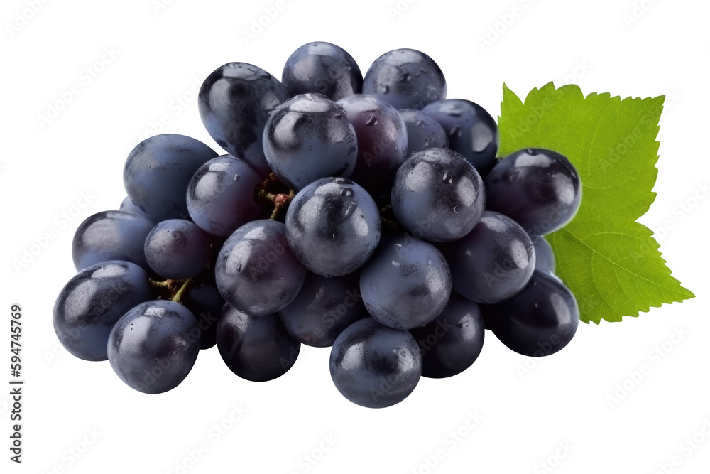 Blue wet grapes bunch isolated on white background. Generative AI