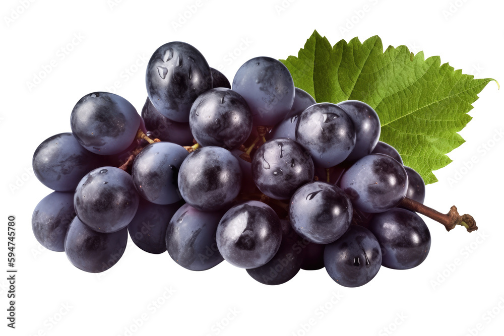 Fototapeta premium Blue wet grapes bunch isolated on white background. Generative AI
