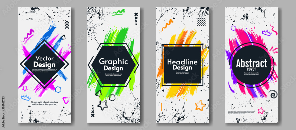 Set of abstract flyers. Vector illustration.  Ink with colorful paint brush and scratches. Design for cover, poster, banner, postcard, magazine.