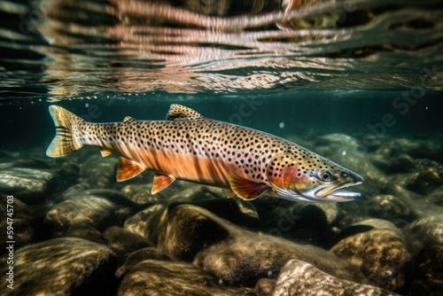 A brown trout is swimming under water with the word trout on the bottom Generative AI