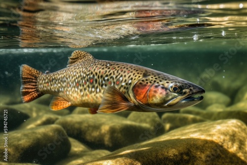 A brown trout is swimming in a clear water Generative AI
