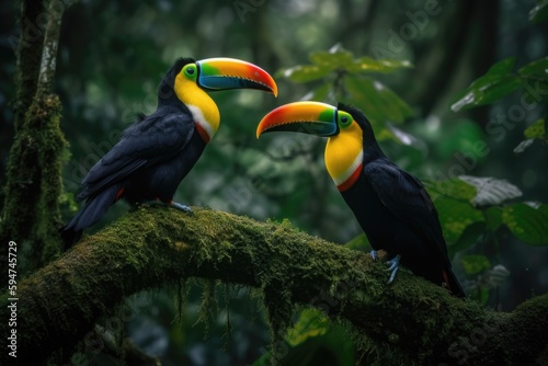 Two toucans in a tree with green leaves and a green background Generative AI