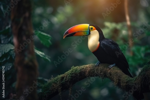 A toucan sits on a branch in the jungle Generative AI