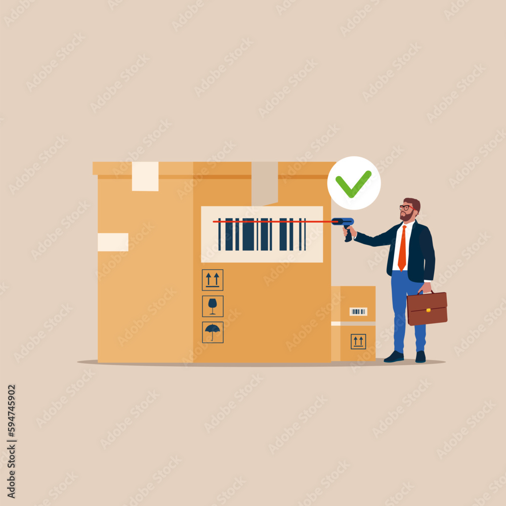 Scanning Bar code on a cardboard box. Handheld barcode scanner. Businessman scan bar-code. Vector illustration Scanning Bar code on a cardboard box. Handheld barcode scanner. Businessman scan bar-code. Vector illustration