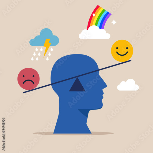 Mood swings. Emotional balance. Psychology disorder, stress, anxiety, crisis. Bipolar emotion. Flat vector illustration