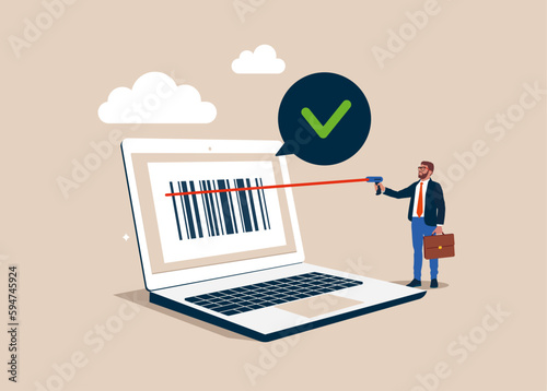 Bar code in smartphone and laptop app. User scan bar-code. Vector illustration
