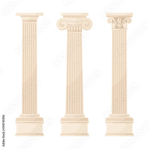  Greek columns. A set of illustrations of three types of Greek columns. Ancient architecture. The building of ancient Greece.