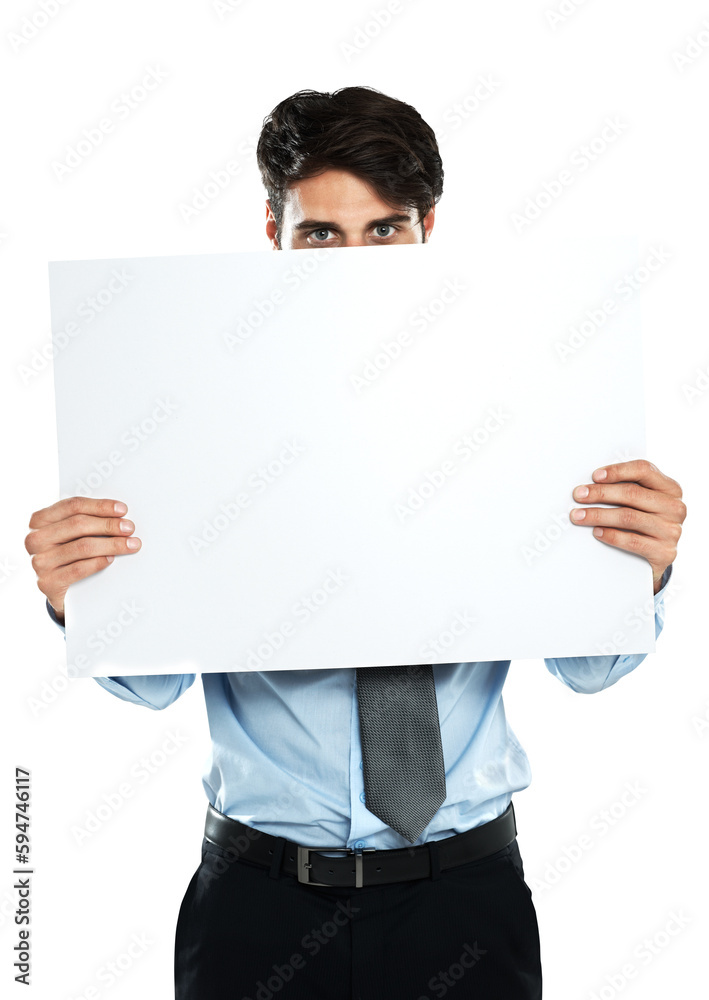 Business man, portrait and peek with board isolated on a transparent png background. Copy space, banner and person holding blank poster for advertising mockup, marketing and commercial promotion.