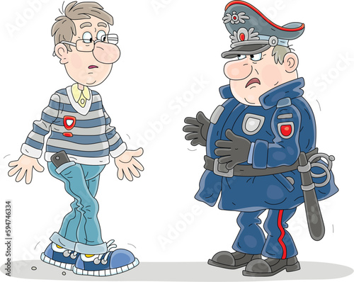 Perplexed young man walking past an annoyed and suspicious cop while patrolling on a street, vector cartoon illustration isolated on a white background