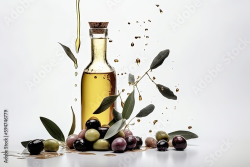 olive oil in bottle and olives on white background. Health vegan food conception. Generative AI illustration