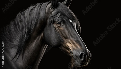 Beautiful young black horse isolated on black background generative ai