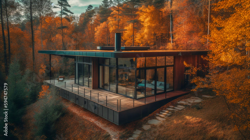 3D visualization of a modern private house in the forest. cozy home. generated by ai