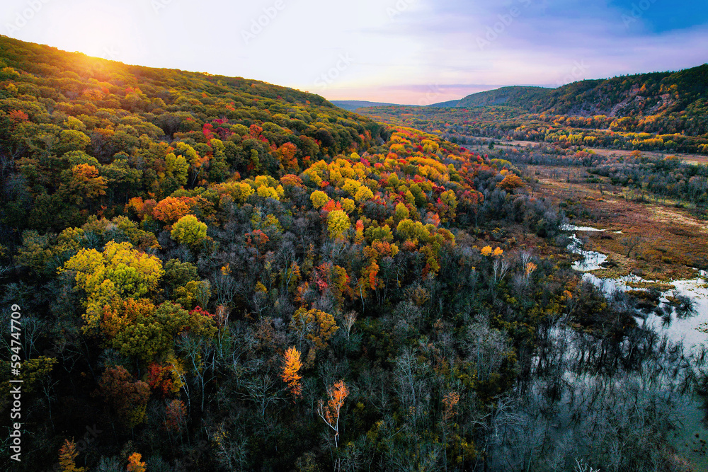 Wisconsin landscape, river in the colorful autumn forest, drone image