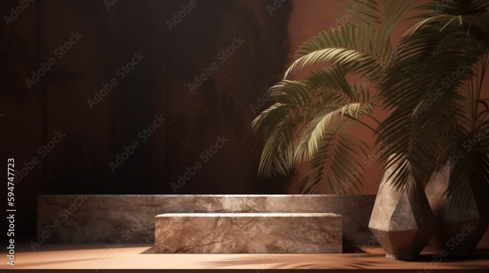 Minimal mockup with premium podium made of natural stone slabs and palm-leaf shadows on the brown wall. Generated ai