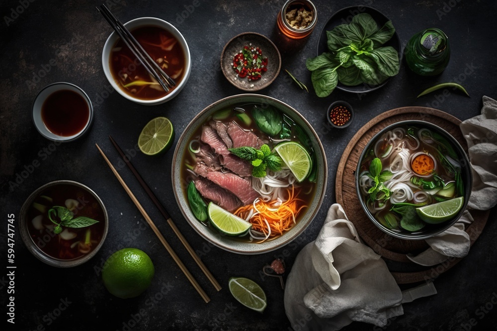 Wide-angle flatlay of a traditional Vietnamese meal with the soup pho ga. Generative AI - obrazy, fototapety, plakaty 