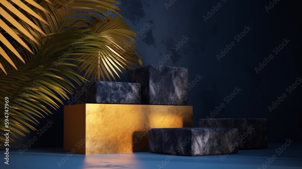 Minimal mockup with premium podium made of natural stone slabs and palm-leaf shadows on the golden and luxury navy yellow color wall. Generated ai Minimal mockup with premium podium made of natural stone slabs and palm-leaf shadows on the golden and luxury navy yellow color wall. Generated ai