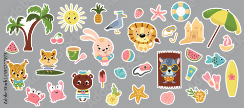 Set of summer stickers. Cute animals, fruits, flowers, sun, palm tree, etc.