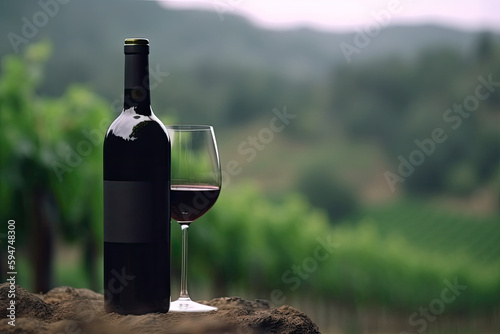 Wine in the countryside. Red wine bottle and glass with charming Italian vineyard view. Generative AI